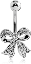 RHODIUM PLATED BASE METAL VALUE CRYSTALINE JEWELED NAVEL BANANA - BOW