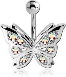 RHODIUM PLATED BASE METAL JEWELED NAVEL BANANA - BUTTERFLY