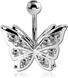 RHODIUM PLATED BASE METAL VALUE JEWELED NAVEL BANANA - BUTTERFLY