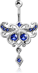 RHODIUM PLATED BASE METAL TRIBLE VALUE JEWELED NAVEL BANANA WITH DANGLING CHARM - RHOMBUS