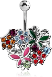 RHODIUM PLATED BASE METAL JEWELED NAVEL BANANA WITH ENAMEL - HEART WITH BUTTERFLIES