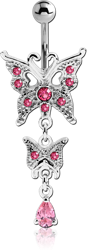 RHODIUM PLATED BASE METAL JEWELED NAVEL BANANA WITH DANGLING CHARM - BUTTERFLY