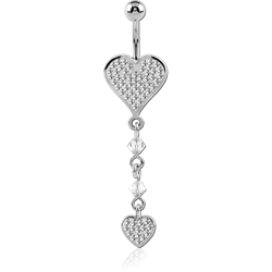 RHODIUM PLATED BASE METAL VALUE CRYSTALINE JEWELED HEART NAVEL BANANA WITH DANGLING CHARM - HEART