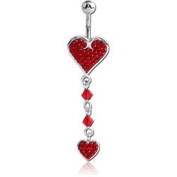 RHODIUM PLATED BASE METAL CRYSTALINE JEWELED HEART NAVEL BANANA WITH DANGLING CHARM - HEART