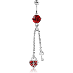 RHODIUM PLATED BASE METAL JEWELED NAVEL BANANA WITH DANGLING CHARM - HEART LOCK KEY
