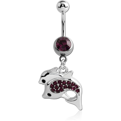 RHODIUM PLATED BASE METAL JEWELED NAVEL BANANA WITH DANGLING CHARM - DOLPHINS