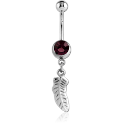 RHODIUM PLATED BASE METAL JEWELED NAVEL BANANA WITH DANGLING CHARM - FEATHER