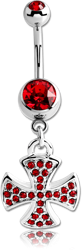 SURGICAL STEEL GRADE 316L DOUBLE JEWELED NAVEL BANANA WITH IRON CROSS CHARM