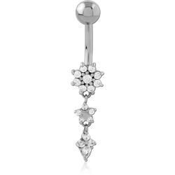 SURGICAL STEEL GRADE 316L NAVEL BANANA CLUSTER FLOWER DANGLE WITH TEARDROP GEM