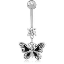 SURGICAL STEEL GRADE 316L NAVEL BANANA WITH BLACK ENAMEL BUTTERFLY AND GEM DANGLE
