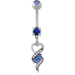 SURGICAL STEEL GRADE 316L NAVEL BANANA WITH BLUE GEM HEART SWIRL DANGLE