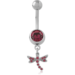 SURGICAL STEEL GRADE 316L NAVEL BANANA JEWELED TOP WITH DRAGONFLY DANGLE CHARM RED GEMS