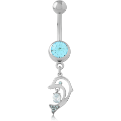 SURGICAL STEEL GRADE 316L NAVEL BANANA JEWELED TOP WITH DOLPHIN DANGLE CHARM BLUE GEMS