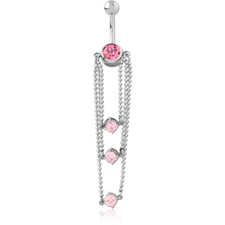 SURGICAL STEEL GRADE 316L NAVEL BANANA PINK GEMS WITH MULTI CHAIN DANGLE