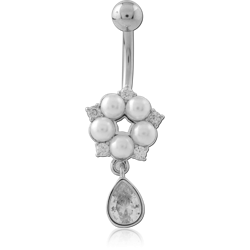 SURGICAL STEEL GRADE 316L NAVEL BANANA PEARL FLOWER CLUSTER WITH TEARDROP GEM CHARM