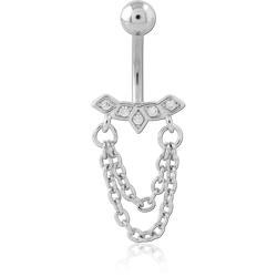 SURGICAL STEEL GRADE 316L NAVEL BANANA PAVE BAR WITH DOUBLE DRAPED CHAIN CHARMS