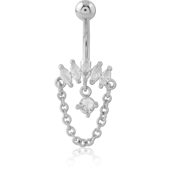 SURGICAL STEEL GRADE 316L NAVEL BANANA MARQUISE GEM FAN WITH CENTER GEM AND DOUBLE CHAIN CHARMS