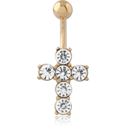 GOLD PVD 18K COATED BASE METAL VALUE CRYSTALS JEWELED CROSS NAVEL BANANA