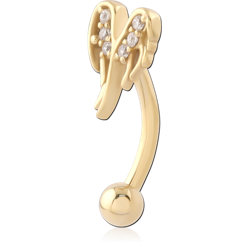 GOLD PVD 18K COATED SURGICAL STEEL GRADE 316L CURVED BARBELL ANGEL WINGS GEMS