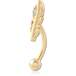 GOLD PVD 18K COATED SURGICAL STEEL GRADE 316L CURVED BARBELL FEATHER SINGLE GEM