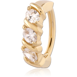 GOLD PVD 18K COATED SURGICAL STEEL GRADE 316L JEWELED BELLY CLICKER - TRIPLE GEMS WITH LINES