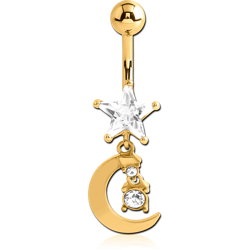 GOLD PLATED BASE METAL JEWELED STAR NAVEL BANANA WITH MOON CHARM