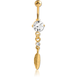GOLD PLATED BASE METAL PREMIUM CRYSTAL JEWELED NAVEL BANANA WITH FEATHER CHARM