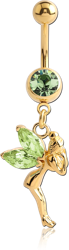 GOLD PVD COATED SURGICAL STEEL GRADE 316L PREMIUM CRYSTAL JEWELED NAVEL BANANA WITH FAIRY CHARM