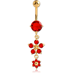 GOLD PLATED BASE METAL JEWELED FLOWER NAVEL BANANA WITH DANGLE CHARMS