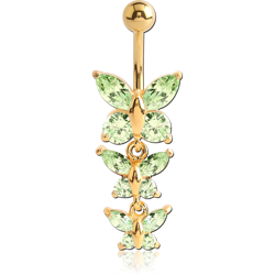 GOLD PLATED BASE METAL TRIPPLE JEWELED BUTTERFLY NAVEL BANANA