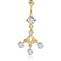 GOLD PVD COATED WHITE METAL JEWELED NAVEL BANANA DANGLING BALLS