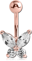 ROSE GOLD PLATED BASE METAL JEWELED NAVEL BUTTERFLY BANANA
