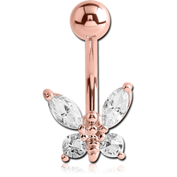 ROSE GOLD PLATED BASE METAL JEWELED BUTTERFLY NAVEL BANANA
