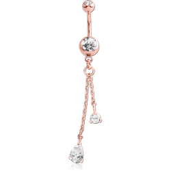 ROSE GOLD PVD COATED SURGICAL STEEL GRADE 316L DOUBLE PREMIUM CRYSTAL JEWELED NAVEL BANANA WITH CHARM