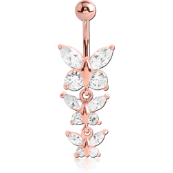 ROSE GOLD PLATED BASE METAL TRIPPLE JEWELED BUTTERFLY NAVEL BANANA