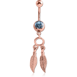 ROSE GOLD PLATED BASE METAL PREMIUM CRYSTAL JEWELED NAVEL BANANA WITH FEATHER CHARMS