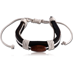 BRACELET BLACK LEATHER 1 CM WITH WAX CORD 1 MM NATURAL COLOURS AND ORGANIC MATERIAL WOOD PAINT