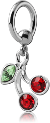 SURGICAL STEEL GRADE 316L BALL CLOSURE RING WITH JEWELED CHERRIES CHARM