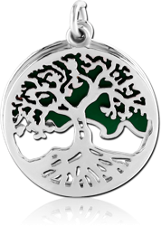 RHODIUM PLATED BASE METAL CHARM - TREE DISK WITH GREEN BACKGROUND