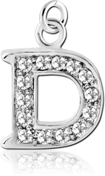 RHODIUM PLATED BASE METAL JEWELED LETTER CHARM - D