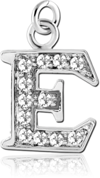 RHODIUM PLATED BASE METAL JEWELED LETTER CHARM - E