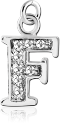 RHODIUM PLATED BASE METAL JEWELED LETTER CHARM - F