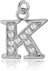 RHODIUM PLATED BASE METAL JEWELED LETTER CHARM - K
