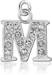 RHODIUM PLATED BASE METAL JEWELED LETTER CHARM - M