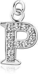 RHODIUM PLATED BASE METAL JEWELED LETTER CHARM - P
