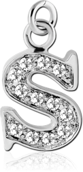 RHODIUM PLATED BASE METAL JEWELED LETTER CHARM - S