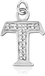 RHODIUM PLATED BASE METAL JEWELED LETTER CHARM - T