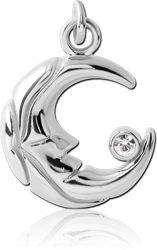 RHODIUM PLATED BASE METAL JEWELED MOON CHARM