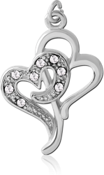 RHODIUM PLATED BASE METAL JEWELED DOUBLE HEART CHARM