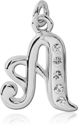 RHODIUM PLATED BASE METAL CRYSTLALINE SCRIPT LETTER CHARM - A